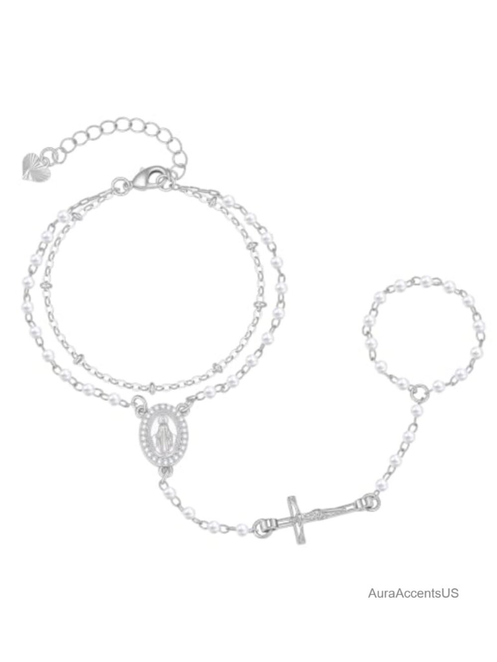 Virgin Mary Hand Chain Bracelet 14K Gold Plated Pearl Rosary Ring Bracelet